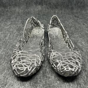 Sparkly Silver Jelly Shoes Women's Size 10 US Flat Web Cutout Design